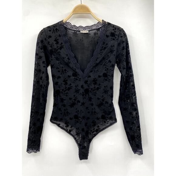 Free People S black mesh velvet burnout Bodysuit - Picture 3 of 6